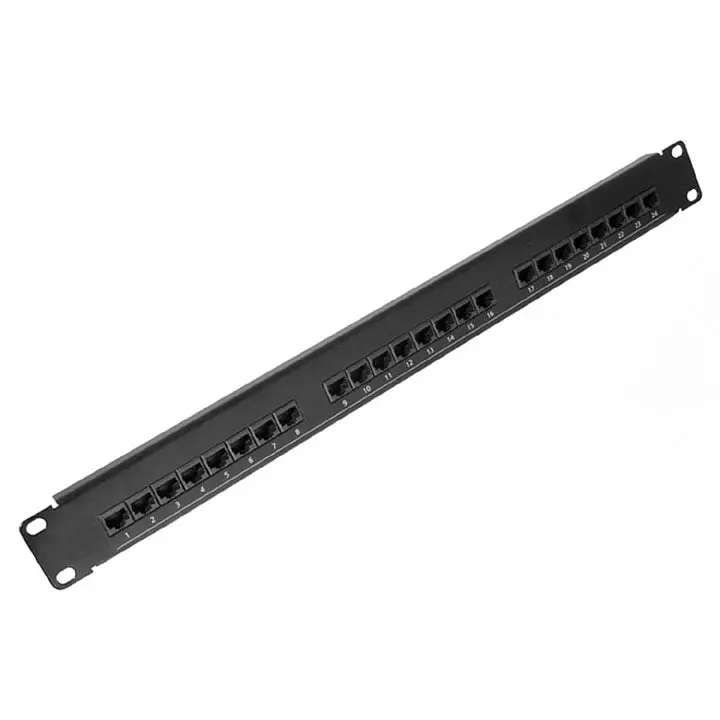 24-Port Cat5E Patch Panel – Rackmount, Black, Unshielded, 1U Height 1