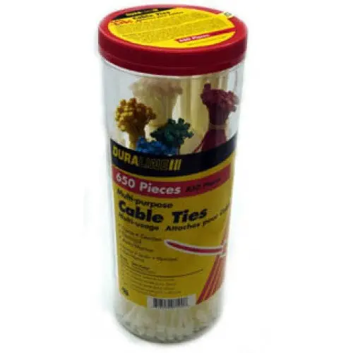 7100 Assorted Cable Tie Variety Pack – 650 Pieces, Multiple Sizes & Colors In Canister 1