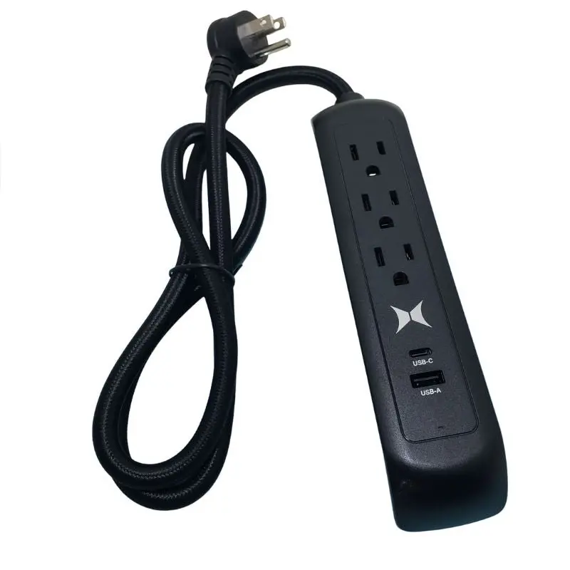 Compact 3-Outlet Power Bar – 3-Foot Cord, Usb-C (3.1A) + Usb-A (2.1A), Black 1