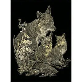 R-01323 Gold-Finished Engraved Fox And Cubs Art Pendant 1