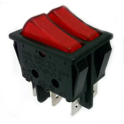 R210-2C2Lbrn-Dp Dual-Illuminated Rocker Switch – 2-Pole, 1-Throw, 16A, On-Off, 250Vac, Red Actuator, 22×30Mm 1