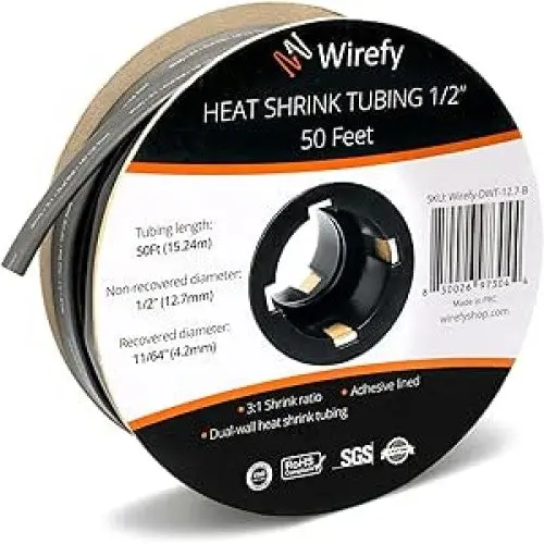Wirefy-Dwt-12.7-B Black Dual-Wall Heat-Shrink Tubing – 1/2 Inch Id × 50 Ft, 3:1 Shrink Ratio, Adhesive-Lined 1