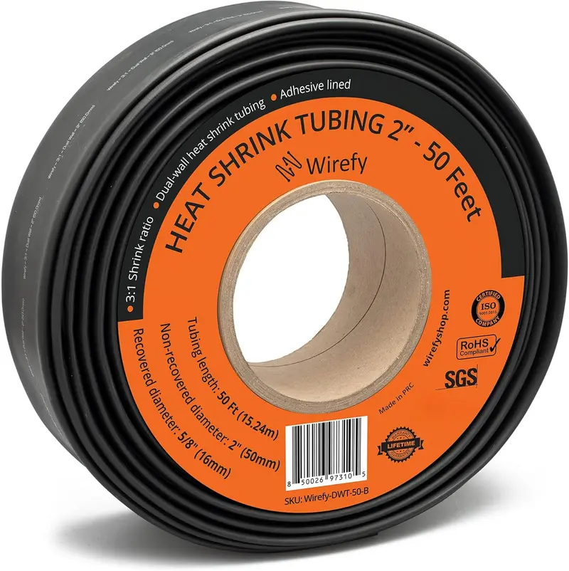 Wirefy-Dwt-50-B Black Dual-Wall Heat-Shrink Tubing – 2 Inch Id × 50 Ft, 3:1 Shrink Ratio, Adhesive-Lined 1