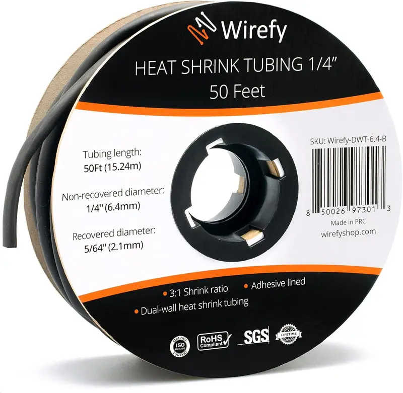 Wirefy-Dwt-6.4-B Black Dual-Wall Heat-Shrink Tubing – 1/4 Inch Id × 50 Ft, 3:1 Shrink Ratio, Adhesive-Lined Roll 1