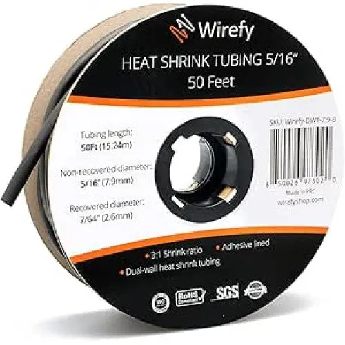 Wirefy-Dwt-7.9-B Black Dual-Wall Heat-Shrink Tubing – 5/16 Inch Id × 50 Ft, 3:1 Shrink Ratio, Adhesive-Lined Reel 1
