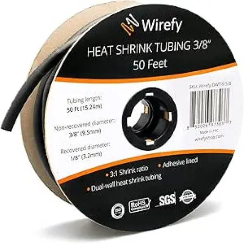 Wirefy-Dwt-9.5-B Black Dual-Wall Heat-Shrink Tubing – 3/8 Inch Id × 50 Ft, 3:1 Shrink Ratio, Adhesive-Lined 1