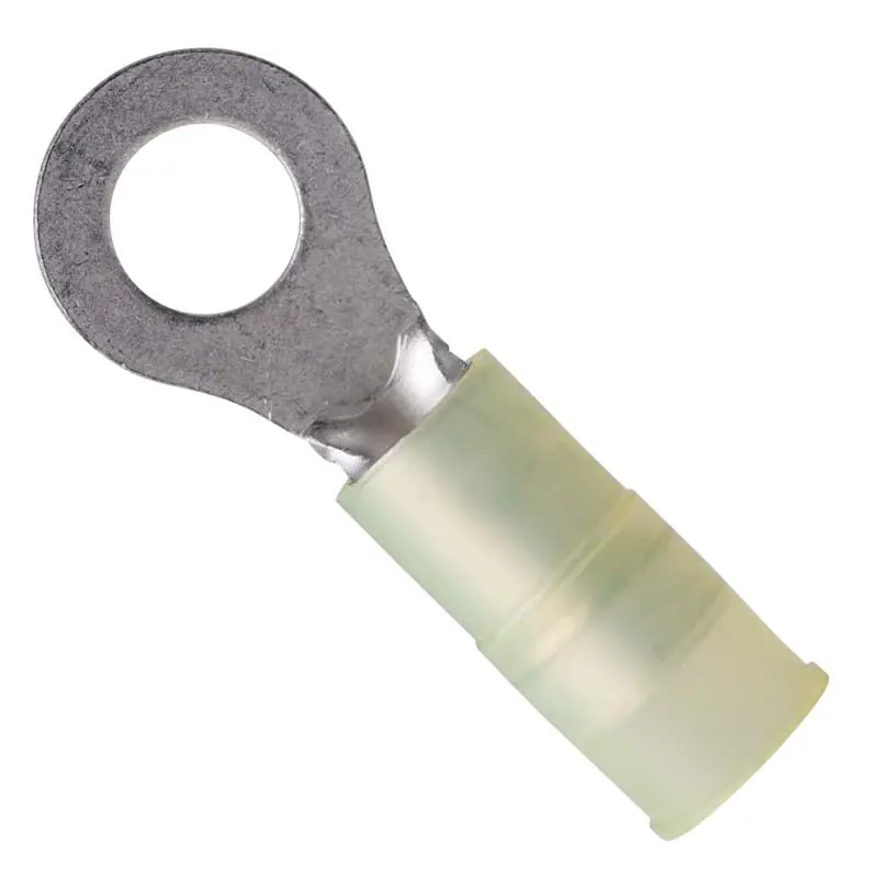 Yellow Ring Terminal – 12–10 Awg, 1/4" Stud (6.4 Mm Id), 12 Mm Od, Nylon Insulated, Double-Crimp – Pack Of 4 1